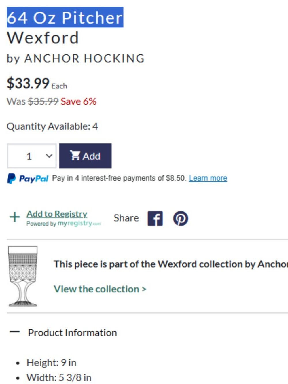 Wexford Collection Clear Glass 64 Oz. Pitcher by Anchor Hocking - Picture 5 of 5